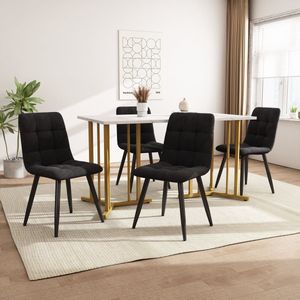 Sweiko Maaltijdset (5-delige set), 4-delige stoel eettafel set, moderne keuken eettafel set, 140 x 80cm goud metalen tafelpoten keuken eettafel, wit MDF tafelblad, splicing tafelblad, zwart fluweel eettafel stoelen