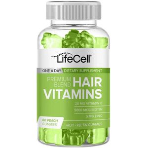 LifeCell Hair Vitamins Premium blend - Fruit 60 Pectin Gummies - Kauwbare Haarvitamine – Supplement met Biotine Zink en Vitamine A+B12+C+E - Levendiger sterker en gezonder haar - Nagel versterken - Snellere haargroei - Haaruitval - 60 Perzikgummies