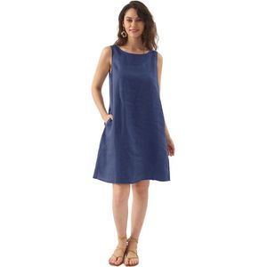 Linnen damesjurk, mouwloze midi-jurk met zakken voor zomer en strand