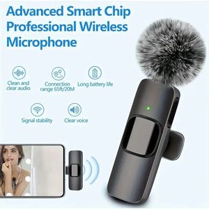 Draadloze Lavalier Microfoon USB-C Bluetooth 5.0 | Clip-On Mini Microfoon voor iPhone 15/16/17, Samsung, Oppo, Xiaomi, OnePlus & Google Pixel | Microfoon voor telefoon | Noise Cancelling Draagbare Draadloze Microfoon voor Vlog, Podcast, Live & Video