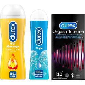 Durex - Play Massage 2/1 Sensitive 200ML - Play Tingle Glijmiddel 100ML - Condooms Orgasm Intense Stimulerende Gel 10st