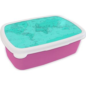 Broodtrommel Roze - Lunchbox - Brooddoos - Wereldkaart - Stoer - Rood - 18x12x6 cm - Kinderen - Meisje
