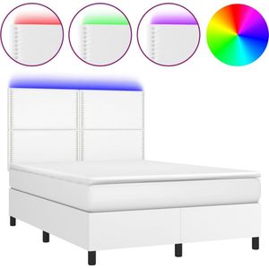 vidaXL - Boxspring - met - matras - en - LED - kunstleer - wit - 140x200 - cm