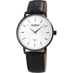 Akzent-Heren horloge-Analoog-Rond-40MM-Zwart-Zwart lederen band.