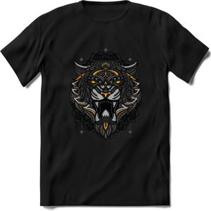 Tijger - Dieren Mandala T-Shirt | Geel | Grappig Verjaardag Zentangle Dierenkop Cadeau Shirt | Dames - Heren - Unisex | Wildlife Tshirt Kleding Kado | - Zwart - L