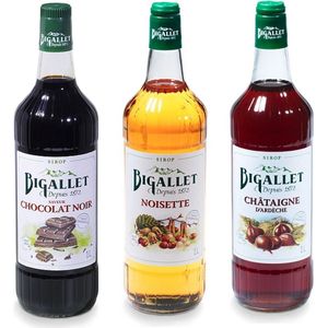 Bigallet Hazelnoot, Chocolat Noir & Châtaigne koffiesiroop voordeelpakket - 3 x 1 liter