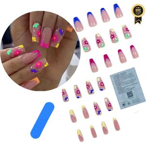 GUAPÀ® Plaknagels | 24 stuks valse nagels | Press On Nails | Zelfklevende Plaknagels | Nepnagels | Kunstnagels | Compleet plaknagels starterspakket | Nagels Wraps | Nail Art | Zomer Nagels | 24 stuks plaknagels French Manicure Bloemetjes
