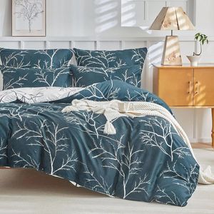 Dekbedovertrek 200x200 cm met 2 Kussenslopen 80x80 cm - Omkeerbaar Takkenpatroon - Microfiber Bedset met Rits, Marineblauw