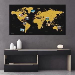 XXL wereldkaart als prikbord - reisbestemmingen en vakantie pinnen - landkaart van fijn vlies in goud en zwart - 130 x 70 cm, incl. 20 vlaggetjes