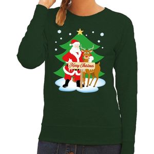 Foute kersttrui / sweater met de kerstman en rendier Rudolf groen voor dames - Kersttruien XS