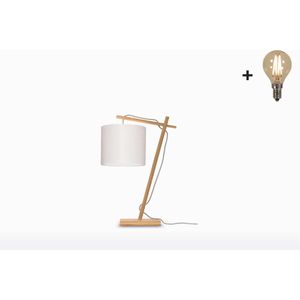 Tafellamp – ANDES – Naturel Bamboe - Wit Linnen - Met LED-lamp