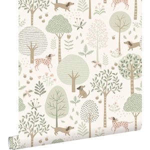 ESTAhome behang honden vergrijsd mintgroen en wit - 53 cm x 10.05 m - 139709
