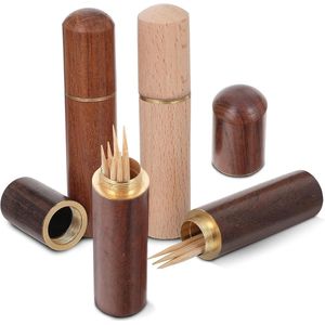 Houten Tandenstokerhouders - Set van 4 Draagbare Tandenstokerboxen voor Camping, Picknick en Reizen