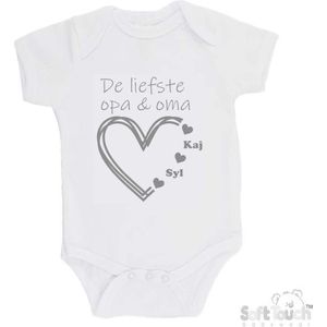 100% katoenen Romper ""De liefste opa & oma met de namen van 2 kleinkinderen"" Unisex Katoen Wit/grijs Maat 62/68