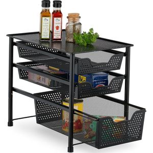 Relaxdays keuken organizer metaal - 3 schuifmanden - stapelbare kast organizer - badkamer - zwart
