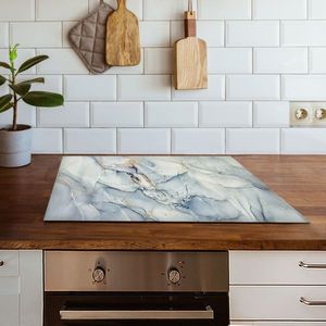 Inductiebeschermer white with blue marble | 60 x 52 cm | Keukendecoratie | Bescherm mat | Inductie afdekplaat