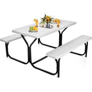 Biertentgarnituur, picknicktafel en 2 zitbanken met metalen frame, campingtafelset, feesttentgarnituur voor terras, tuin, zwembad, 137 x 150 x 72 cm (wit)