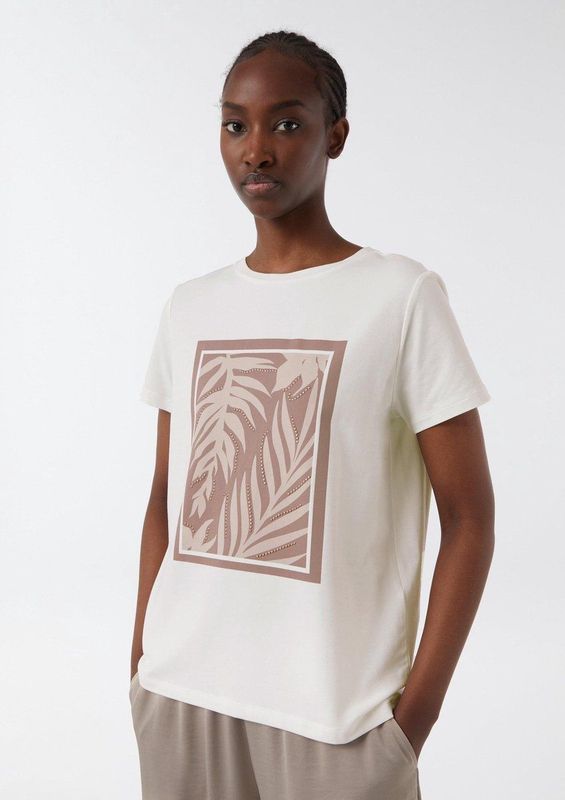 comma - T-Shirt - Katoenmix - Met Edelstenen - Normale Pasvorm