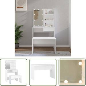 The Living Store Kaptafelset met LED's bewerkt hout wit - Kaptafel - Make-up Tafel - Led Kaptafel - Dressing Table - Badkamer Meubel