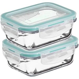 5Five Vershoudbakje met deksel - 2x - glas - luchtdicht - met clips - 14 x 10 x 5 cm - 330 ml