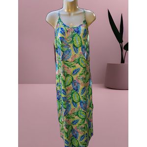 Dames jurk lang met zijsplit groen print One size 38/44