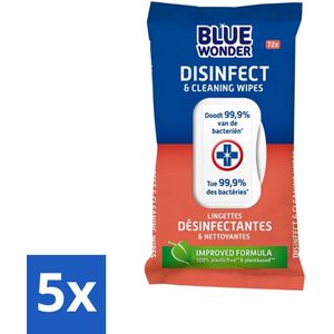 5 x Blue Wonder Desinfectie Reiniger Doekjes 72 stuks per verpakking - Milieuvriendelijk - Plasticvrij - Chloorvrij - Alcoholvrij - Keuken
