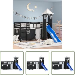 The Living Store Kinderhoogslaper met toren 90x200 cm grenenhout wit en zwart - Halfhoogslaper - Kinderkamer - Meubel - Grenenhout - Hoog Slaper