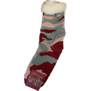 Huissokken - Camouflage - Combat - Heerlijk warm - Antislip Zool - Gevoerd met Imitatie wol - Maat: 36-41 - Rood/Roze/Aqua