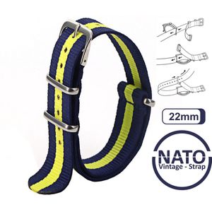 22mm Nato Strap Blauw met Gele streep - Vintage James Bond - Nato Strap collectie - Mannen - Horlogebanden - Blue Yellow - 22 mm bandbreedte voor oa. Seiko Rolex Omega Casio en Citizen