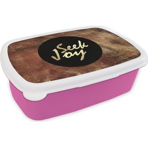 Broodtrommel Roze - Lunchbox - Brooddoos - Quotes - Geluk - Goud - Bruin - 18x12x6 cm - Kinderen - Meisje