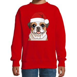 Bellatio Decorations Kersttrui / sweater honden - kinderen - Mopshondje - rood - kerstmuts - Kerstmis 98/104