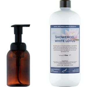 Zeepdispenser 300 ml amber bruin hervulbaar + 1 liter Showergel White Lotus navulling