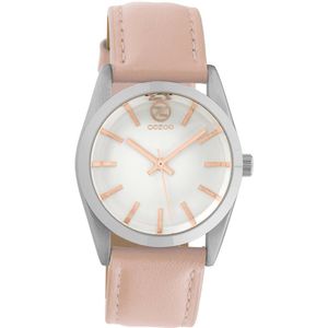 OOZOO Timepieces - Zilverkleurige horloge met zacht roze leren band - C10189