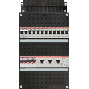 ABB groepenkast 3-fase, 10 groepen, 3 Aardlekschakelaars 2-P, 1 fornuisgroep 2x230V, 1 beltrafo, 1 hoofdschakelaar 4-P 40A