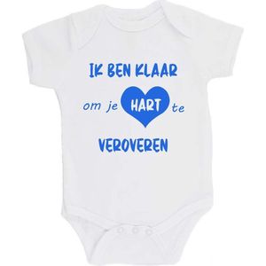 100% katoenen Romper bedrukt met grappige tekst Kado Cadeau Kraamkado Kraamcadeau ""Ik ben klaar om je hart te veroveren"" Unisex Katoen Wit/blauw Maat 56/62
