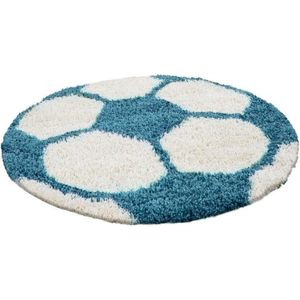 Vloerkleed kinderkamer - Voetbal - turquoise, wit - rond 100 cm