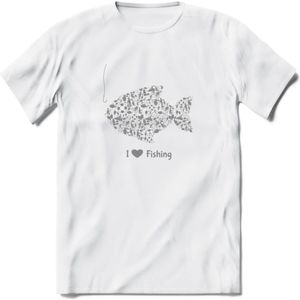 I Love Fishing - Vissen T-Shirt | Grijs | Grappig Verjaardag Vis Hobby Cadeau Shirt | Dames - Heren - Unisex | Tshirt Hengelsport Kleding Kado - Wit - 3XL