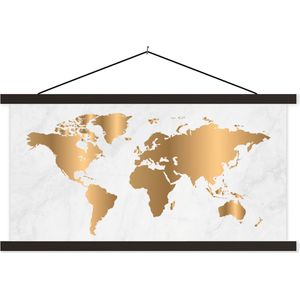 Posterhanger incl. Poster 150x75 cm - Schoolplaat - Wereldkaart - Goud - Marmerlook - Luxe - Design - Textielposter - Zwarte latten