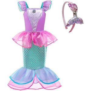 Zeemeermin jurk Prinsessen jurk roze + haarband - Maat 140/146 (140) Prinsessenjurk meisje verkleedkleren meisje