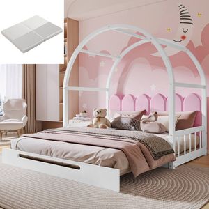 Merax Uitschuifbaar Tweepersoonsbed inclusief Opvouwbaar Matras 140x200 cm en 140x100 cm - Kinderbed met Gebogen Dak - Wit met Roze