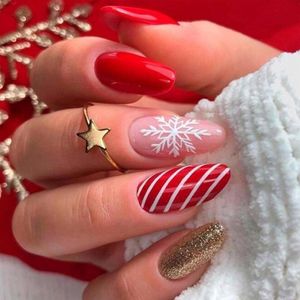 JHubers Goods - Kunstnagels set van 24 met rode en witte strepen, winter en kerst design voor vrouwen
