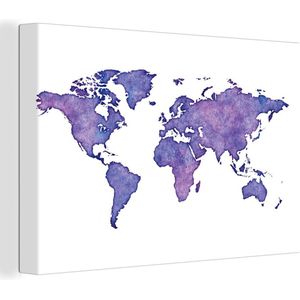 Canvas Wereldkaart - 90x60 - Wanddecoratie Wereldkaart - Waterverf - Paars