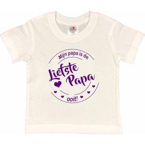 T-shirt Kinderen ""Mijn papa is de liefste papa ooit!"" Vaderdag | korte mouw | Wit/paars | maat 86/92 (XXS)
