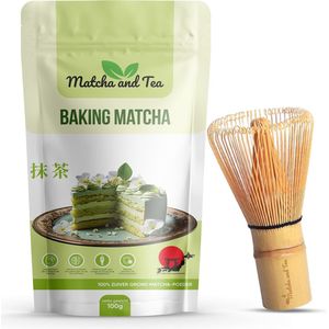 Matcha and Tea - Set Baking Matcha + Matcha Whisk/Klopper - 100 Gram Poeder - Japanse Groene Thee Poeder - Handgeplukte Matcha