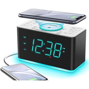 Wekkerradio met Draadloze Oplader, Bluetooth, Dubbele Alarmfunctie en FM-Radio