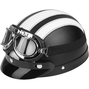ByShane - Halfopen leren helm voor scooter met UV-vizier | Motorhelm in wit | Universeel toepasbaar