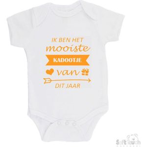 100% katoenen Romper ""Ik ben het mooiste kadootje van dit jaar"" Unisex Katoen Wit/mosterd Maat 62/68
