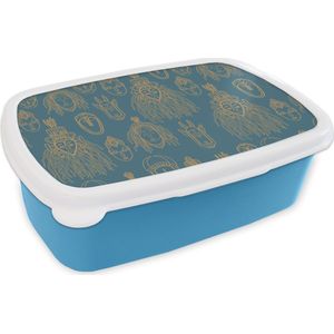 Broodtrommel Blauw - Lunchbox - Brooddoos - Masker - Afrikaans - Goud - Patronen - 18x12x6 cm - Kinderen - Jongen