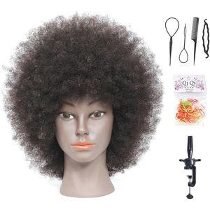 Afro-mannequin-hoofd van 100% echt haar, kapperstrainingshoofd voor cosmetica, poppenhoofd (tafelklem meegeleverd) (natuurlijke kleur)