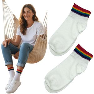 Witte Enkelsokken met Regenboogband & Rode Boord – One Size - Fris, Kleurrijk & Comfortabel (1 Paar)